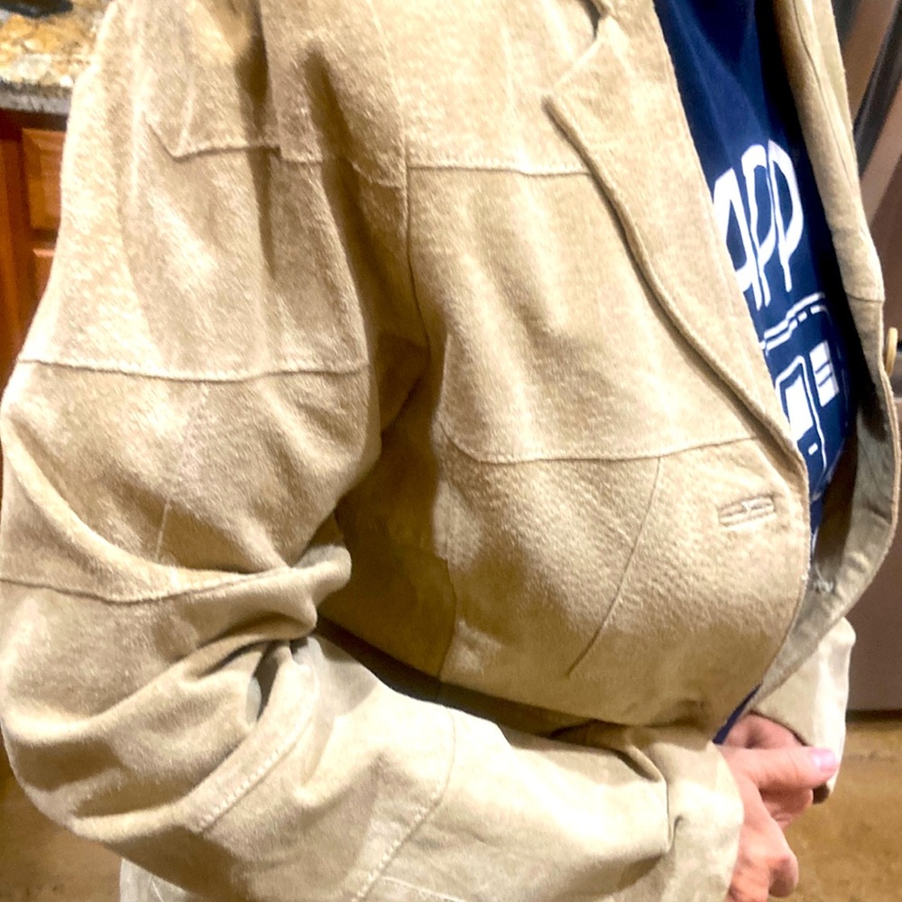 Leather overcoat.
